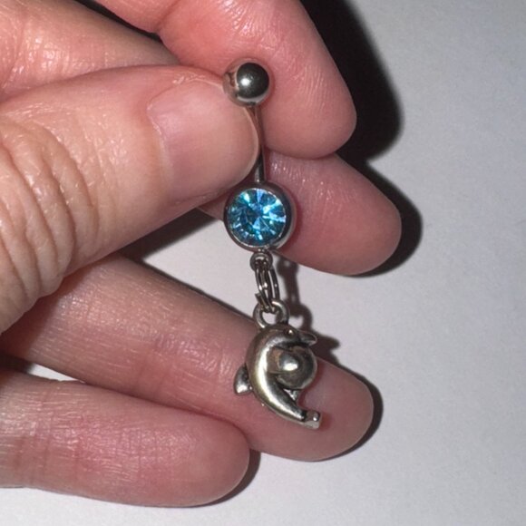 Aqua Blue Dolphin with Ball Dangle Belly Ring - Picture 6 of 16